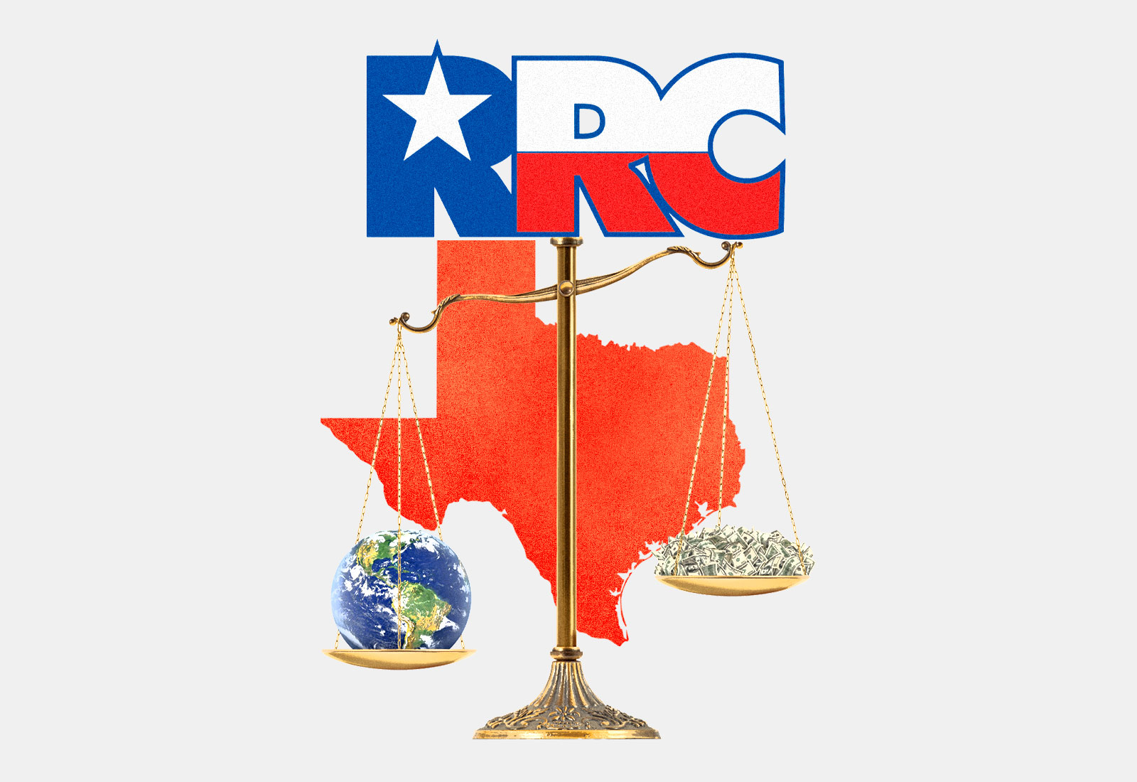 Texas Railroad Commission logo on top of scales with Earth and money on each side, Texas in background