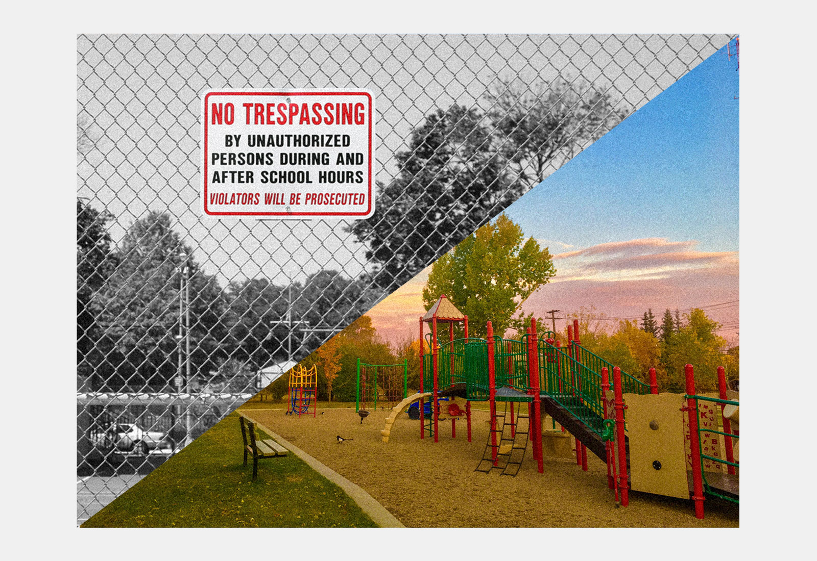 Split view of a schoolyard with a no trespassing sign and a parklike schoolyard