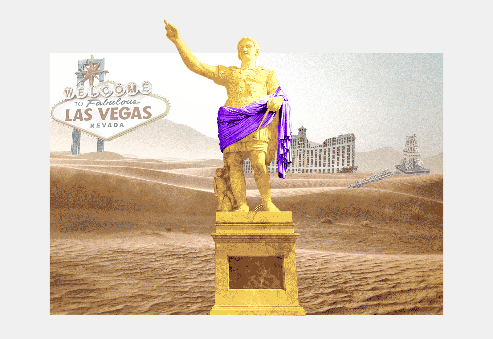 Julius Caesar statue in apocalyptic Las Vegas with tumbleweeds