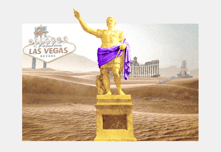 Julius Caesar statue in apocalyptic Las Vegas with tumbleweeds