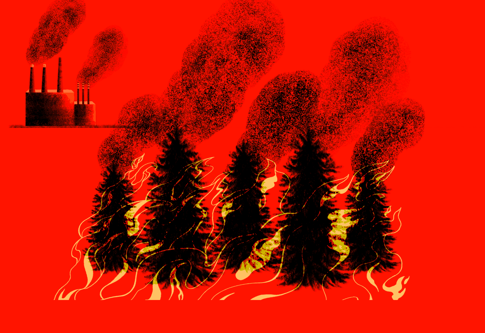 Animation: trees on fire with a coal plant in the background