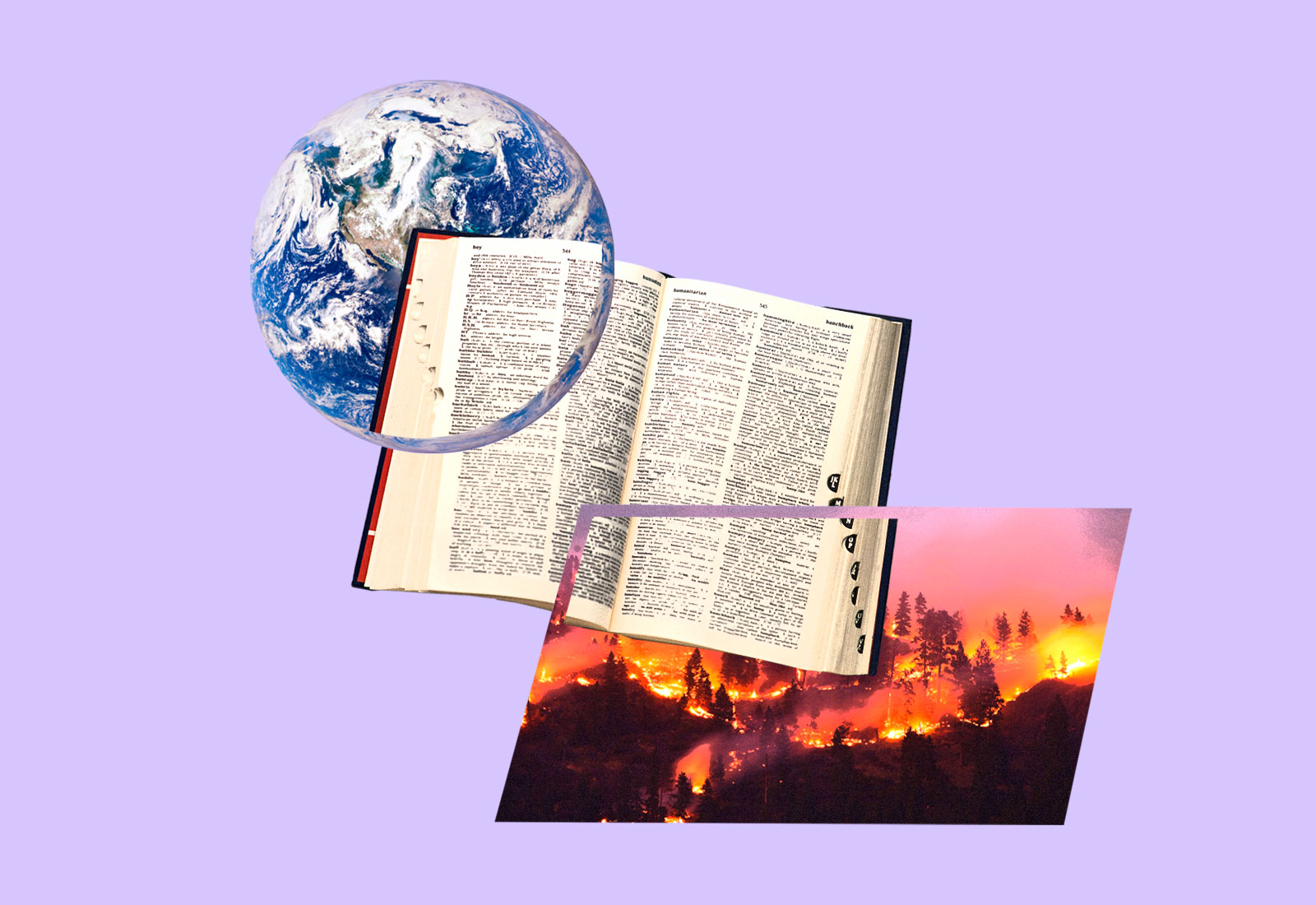 Planet Earth, a dictionary, and a forest fire overlapped on one another