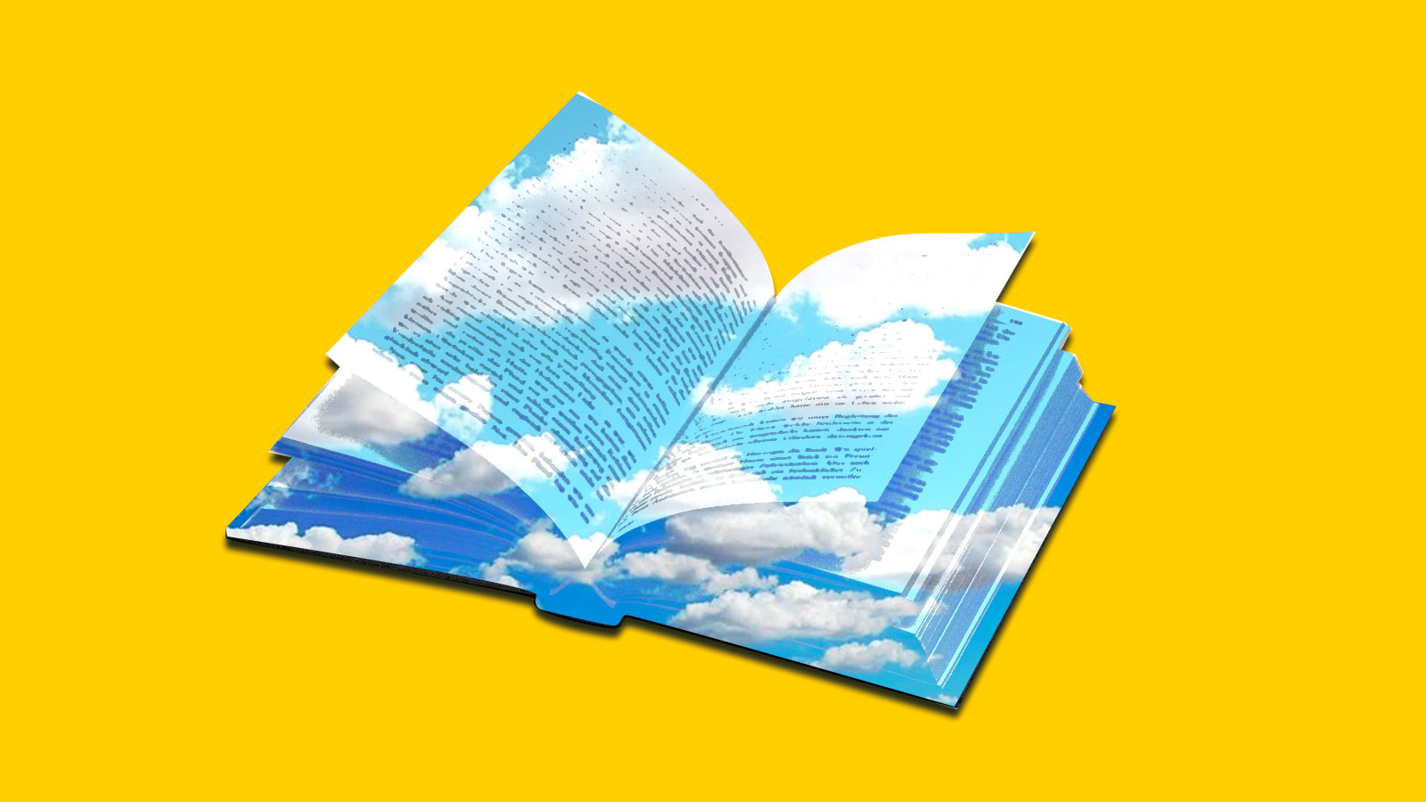 Collage: an open book with blue cloudy sky on top of it