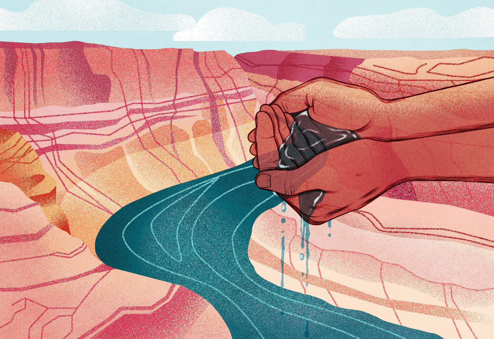 Illustration: Hands collect water flowing into the Colorado River, with a rock in the background.