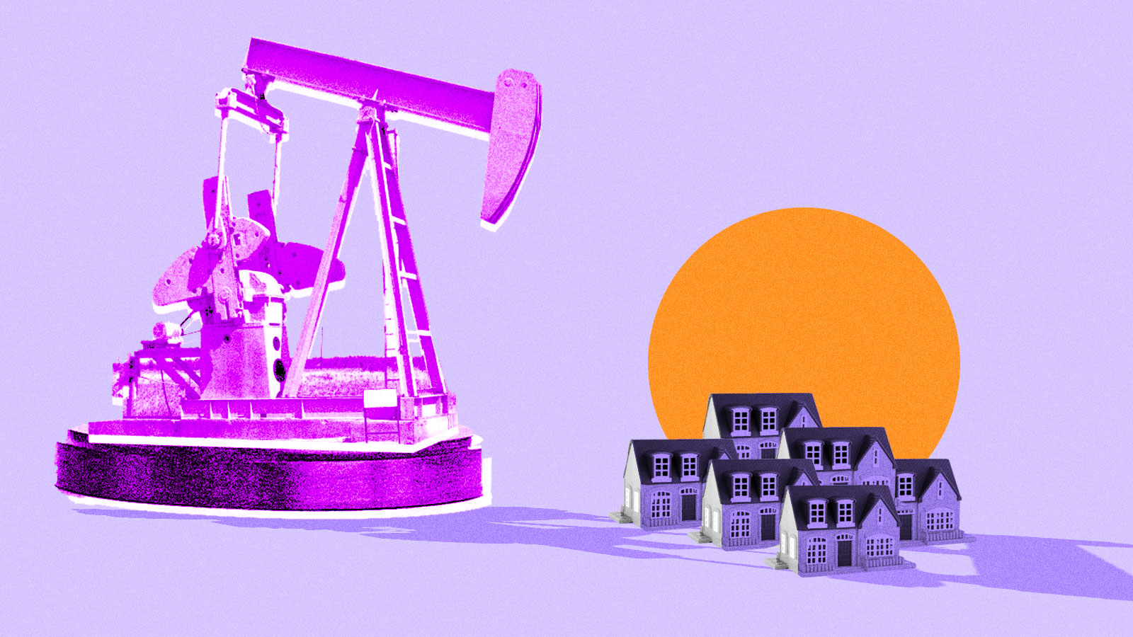 Collage: an oil pumpjack casting a shadow over a cluster of small houses