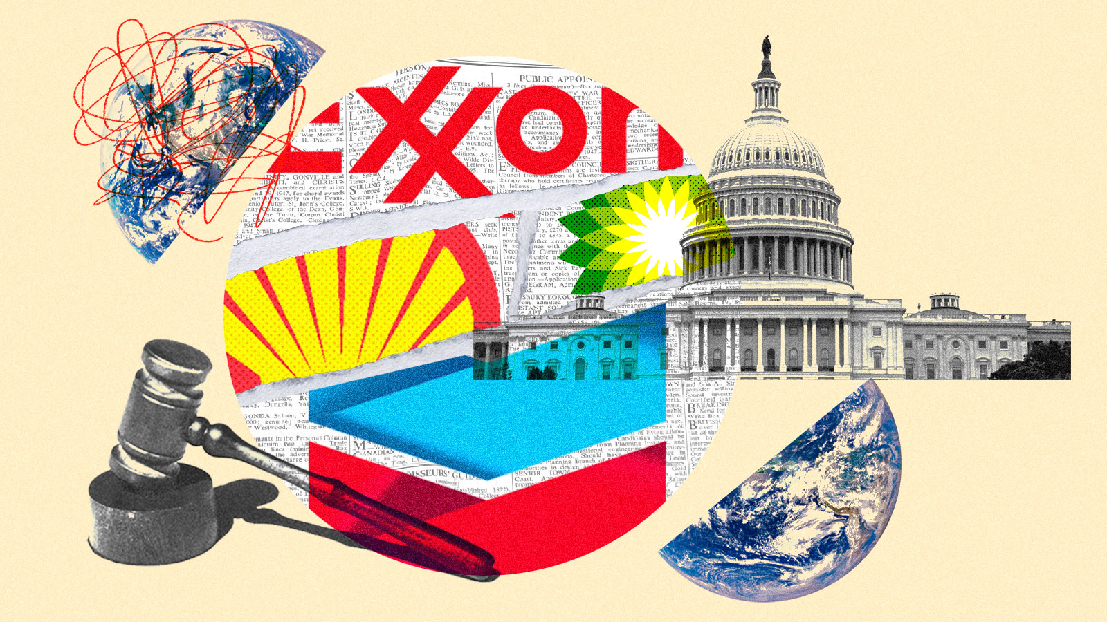 Collage of oil company logos, the US Capitol building, Earth, and a gavel