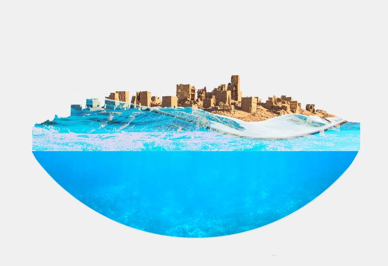 Ruins of a city covered by rising waters