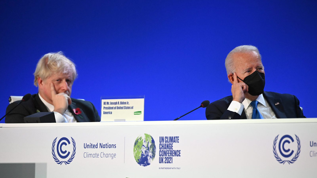 Britain's Prime Minister Boris Johnson and US President Joe Biden on on day three of COP26 in Glasgow, Scotland.