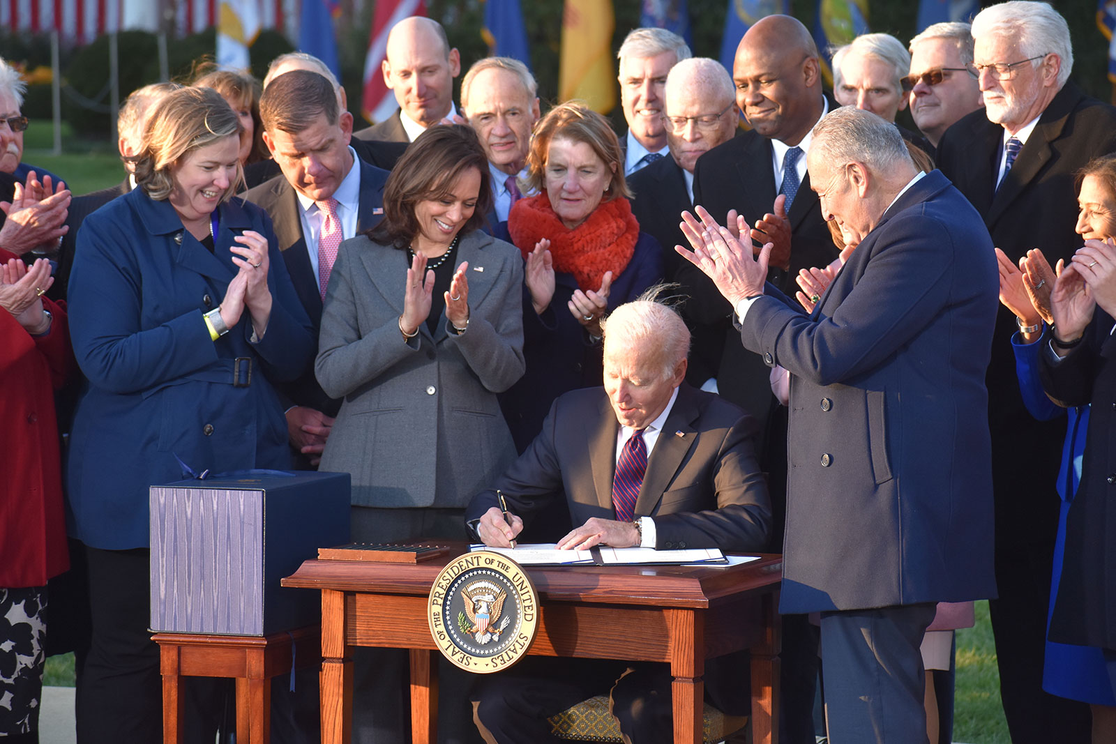 President of the United States Joe Biden signs the Bipartisan Infrastructure Deal, H.R. 3684, the Infrastructure Investment and Jobs Act into law at the White House in Washington, DC on November 15, 2021