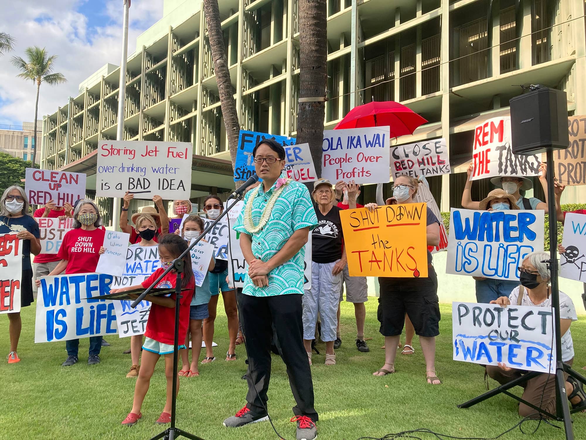 Sierra Club of Hawaii Director Wayne Tanaka speaks at a news conference and rally in Honolulu, on Wednesday, Nov. 24, 2021.