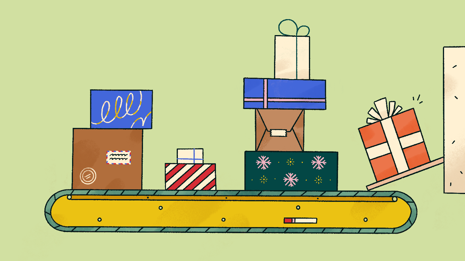 Illustration: gifts being loaded onto a conveyor belt