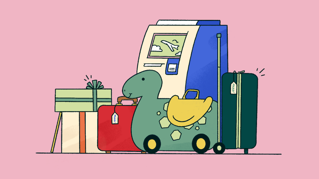 Illustration: gifts, suitcases, a travel kiosk
