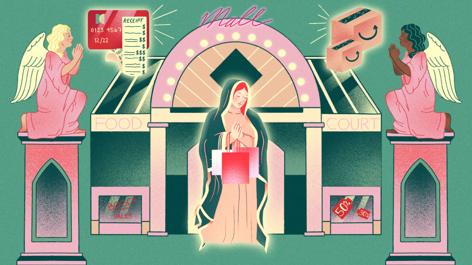 Illustration: two angels flanking a Virgin Mary figure holding shopping bags, exiting a mall