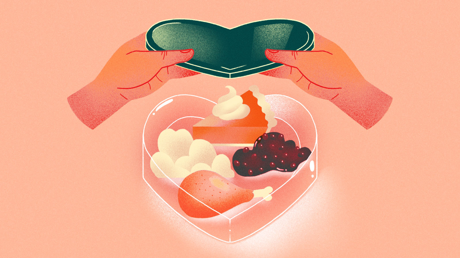 Illustration: hands lifting the lid of a heart shaped container filled with leftover Thanksgiving food
