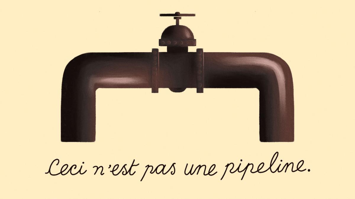 Illustration: parody of Magritte's "The Treachery of Images" painting, but instead of a pipe it's a pipeline