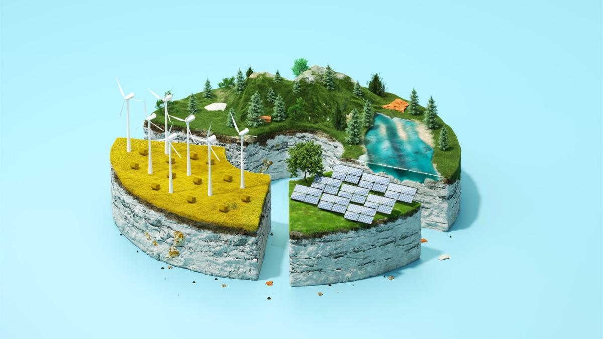 A rendered pie chart showing examples of sustainable power