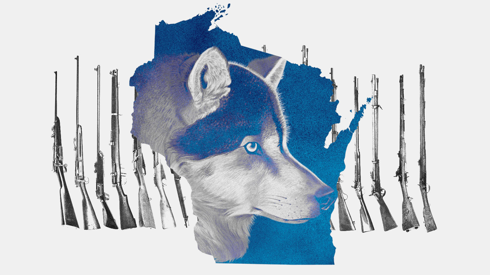 Collage: wolf illustration inside of the silhouette of Wisconsin with hunting rifles in the background
