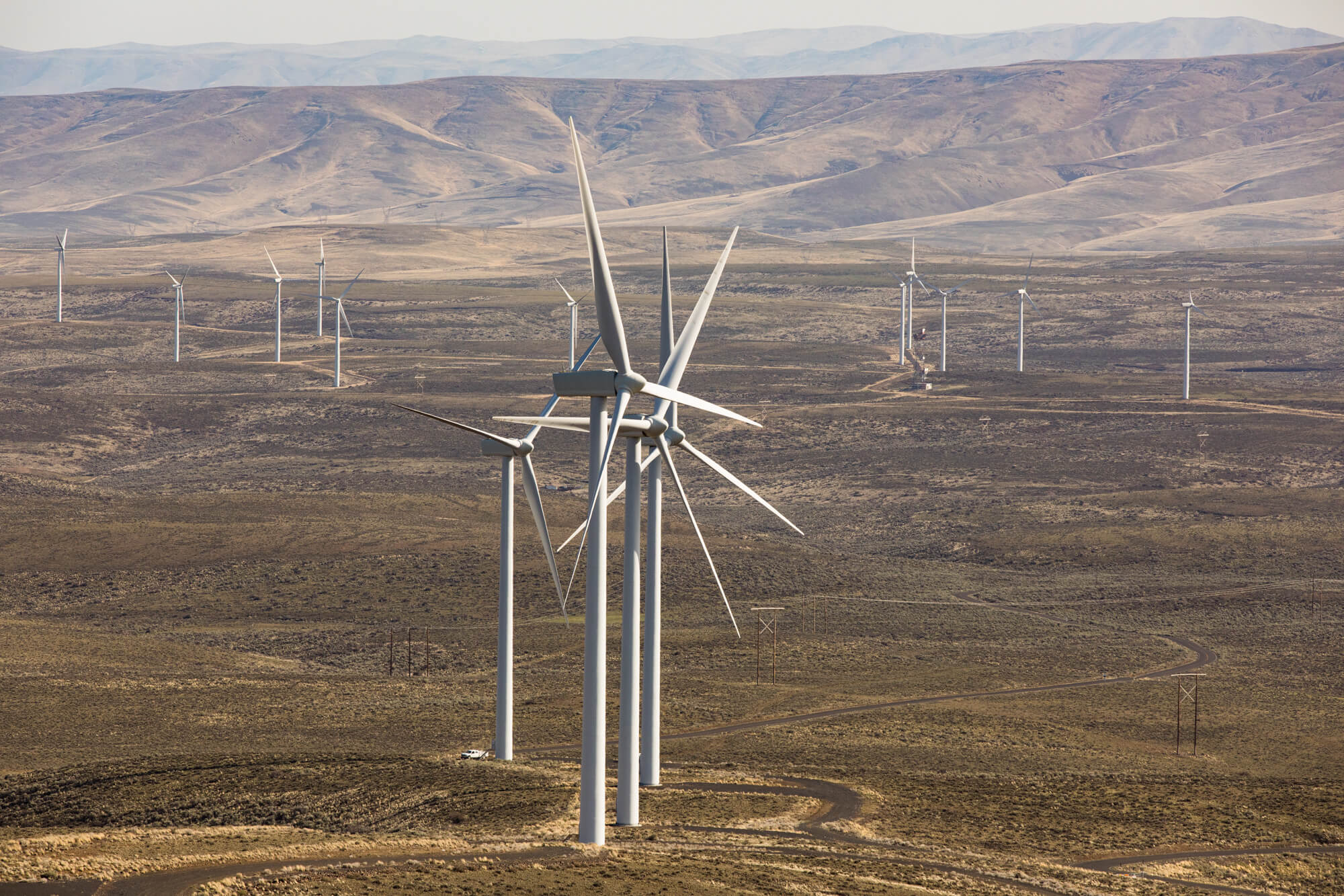The Wild Horse wind and solar farm east of Ellensburg, Washington on Whiskey Dick Mountain generates electricity for suburban Seattle utility Puget Sound Energy. The rotors on its 149 wind turbines are larger than the wingspan of a Boeing 747, capturing enough energy to power over 400 homes.