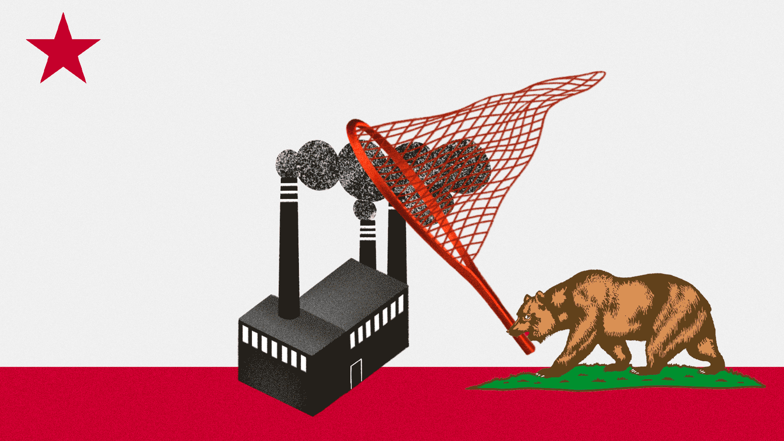 Animation: bear from California flag holding a net over smoke from smokestacks with smoke escaping net