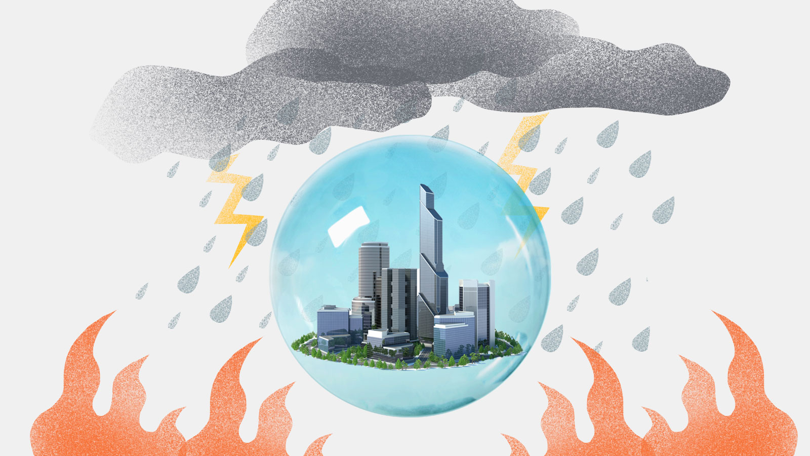 Collage: City in a bubble with storm clouds overhead and fire below