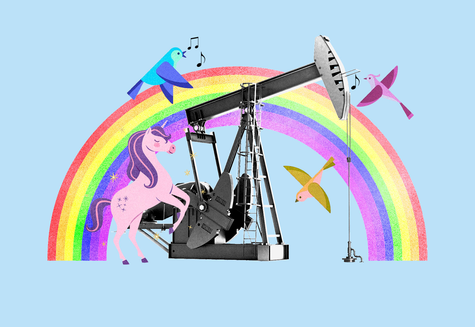Collage: an oil pumpjack surrounded by a rainbow, a unicorn, and songbirds