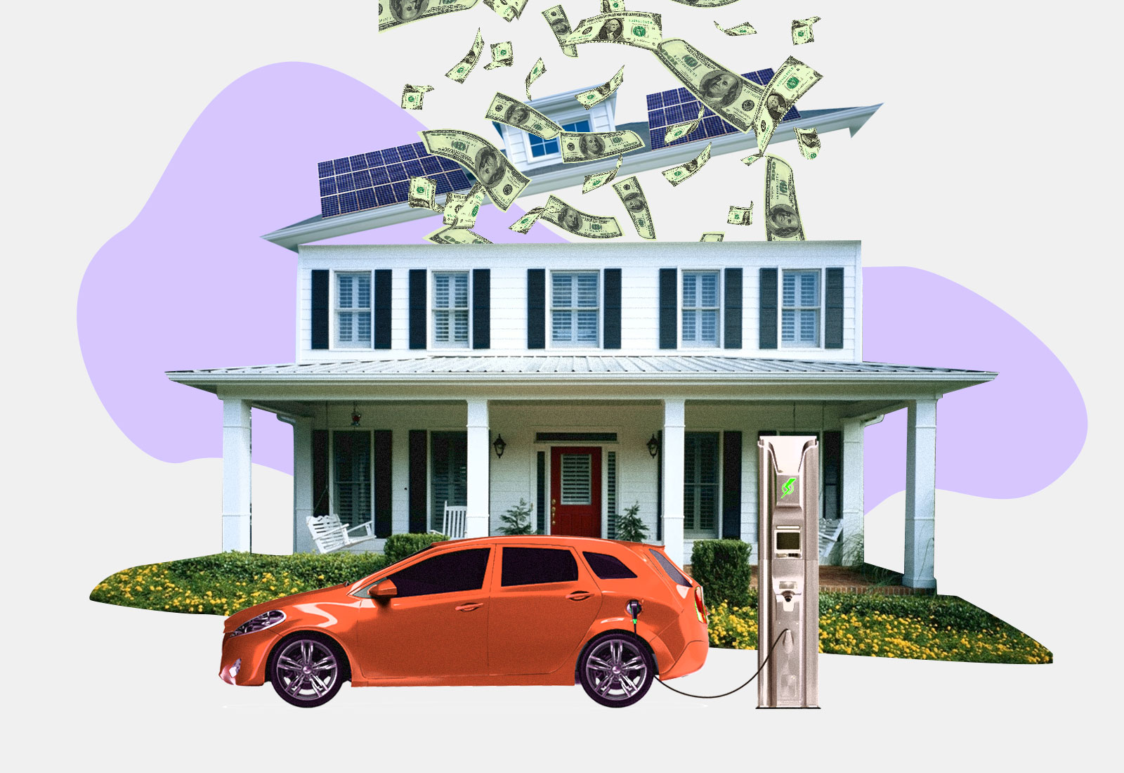 Collage: money being dumped into a house with solar panels on it and an electric car