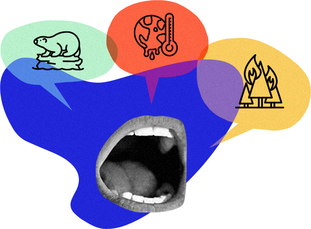Mouth with speech bubbles and icons representing climate change