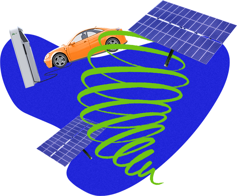 Green spiral with solar panels and electric car