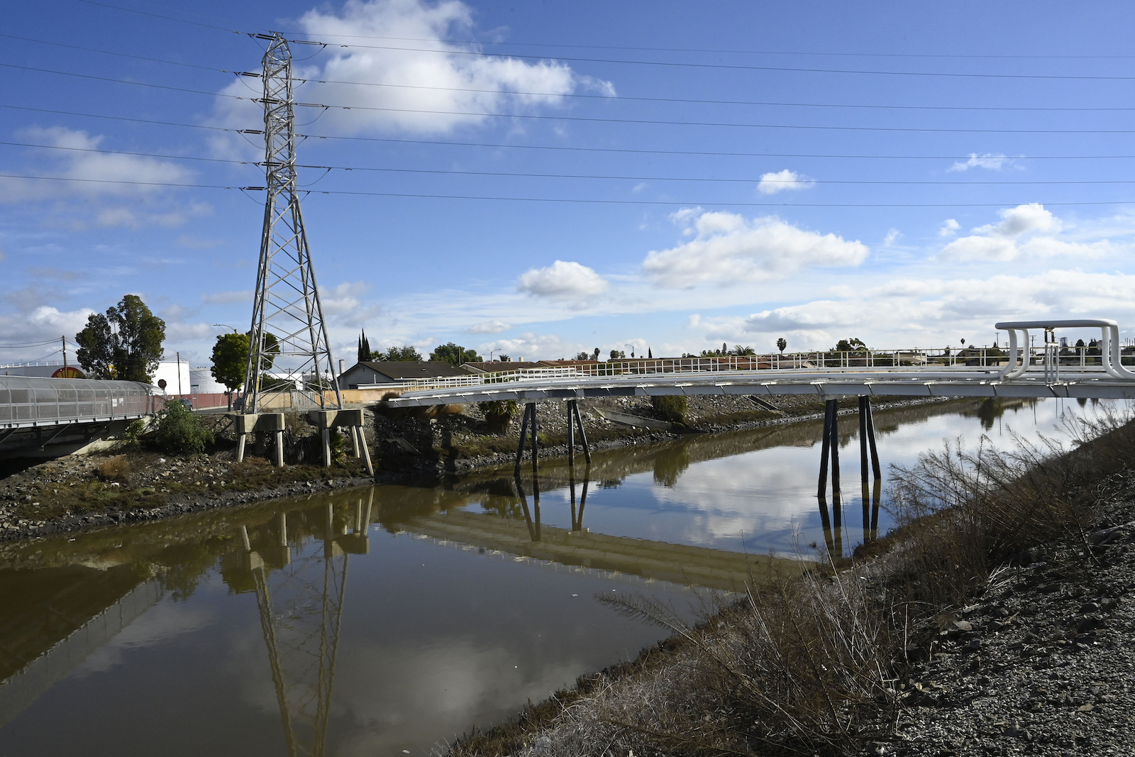 Sewage lines the Dominguez Channel in Carson, California, after a massive sewage pipeline burst.
