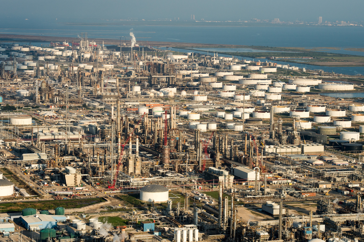 Aerial view of a jungle of refineries in the Houston Ship Channel