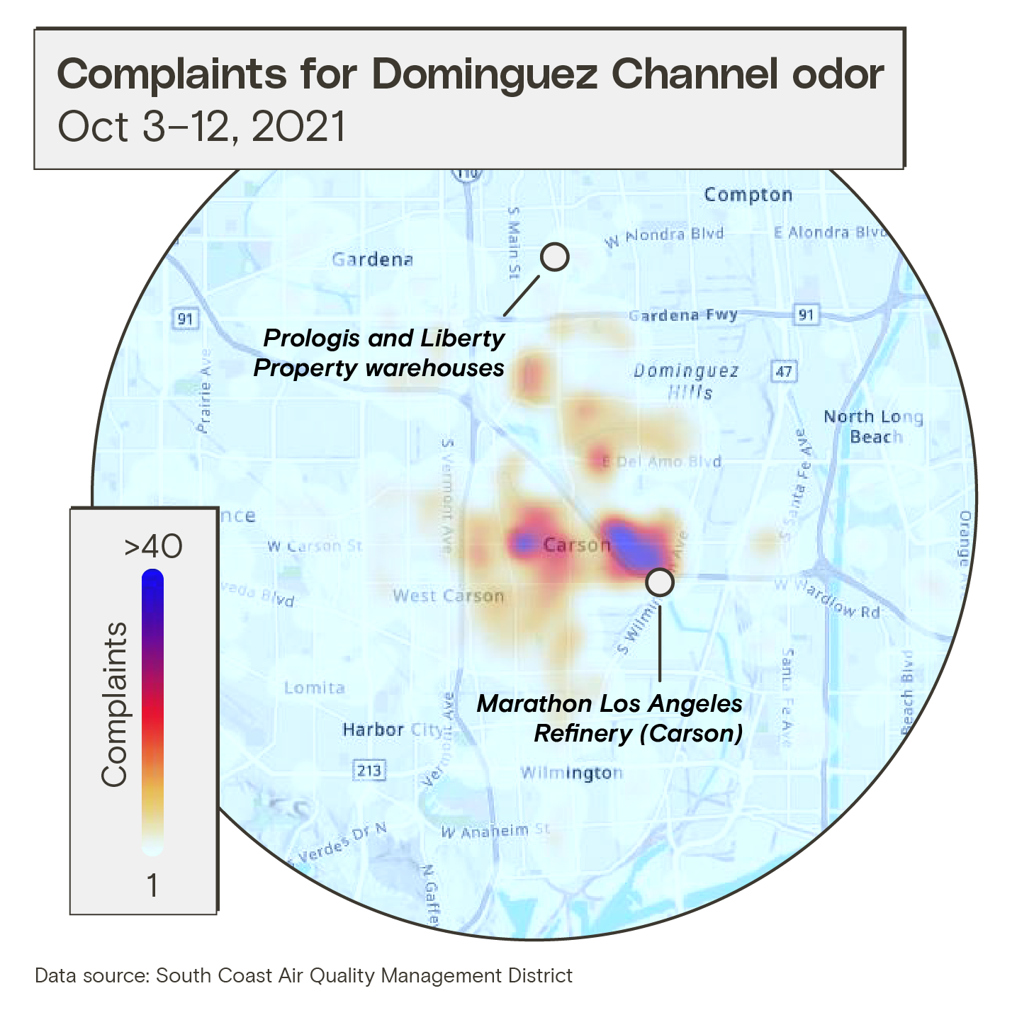 A map showing the distribution of complaints related to the Dominguez Channel odor incident (Oct 3–12, 2021).