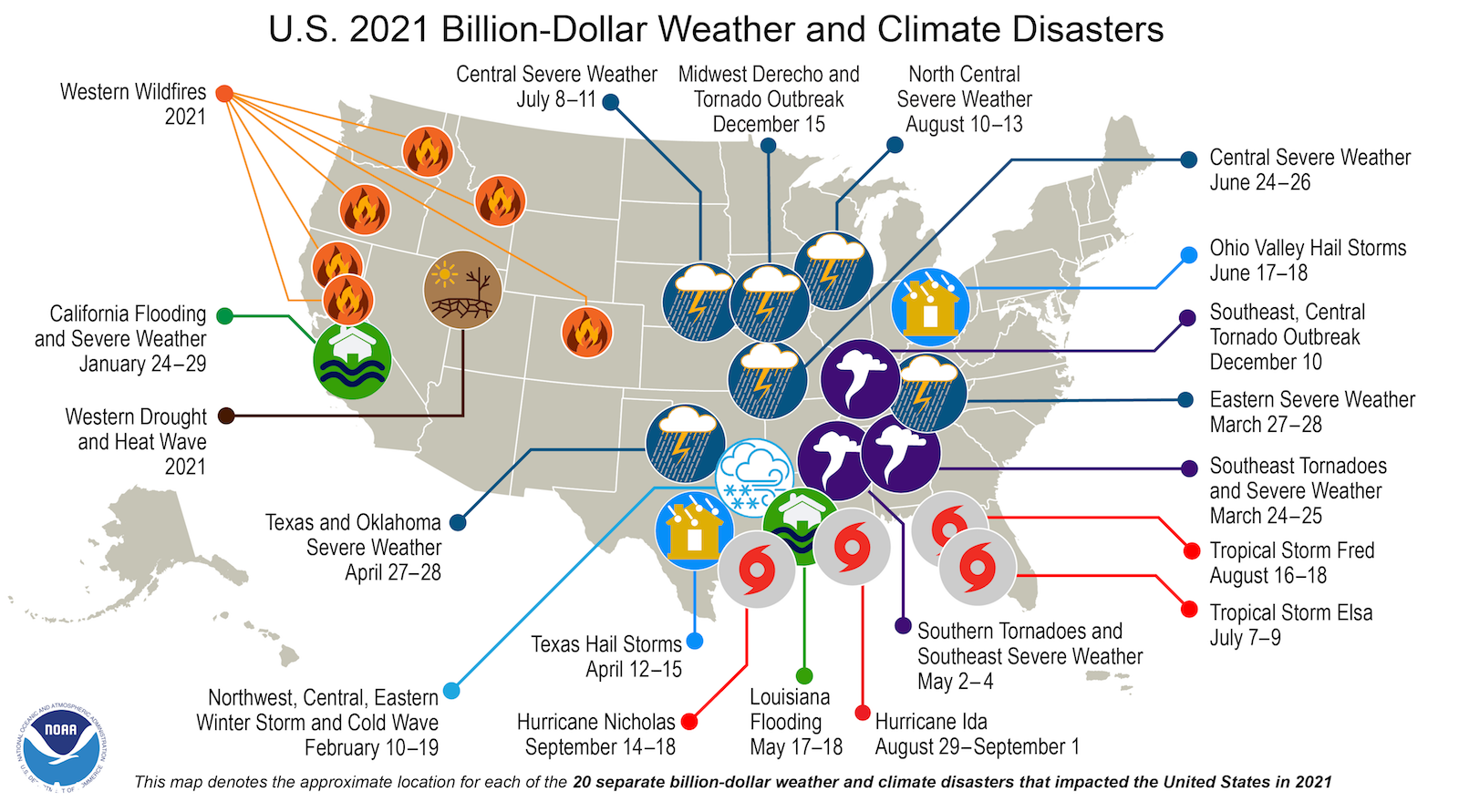 A map of the U.S. plotted with 20 separate billion-dollar disasters that occurred in 2021.