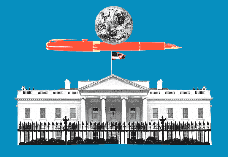 Animation: earth rolling back and forth on top of a pen balanced on the White House