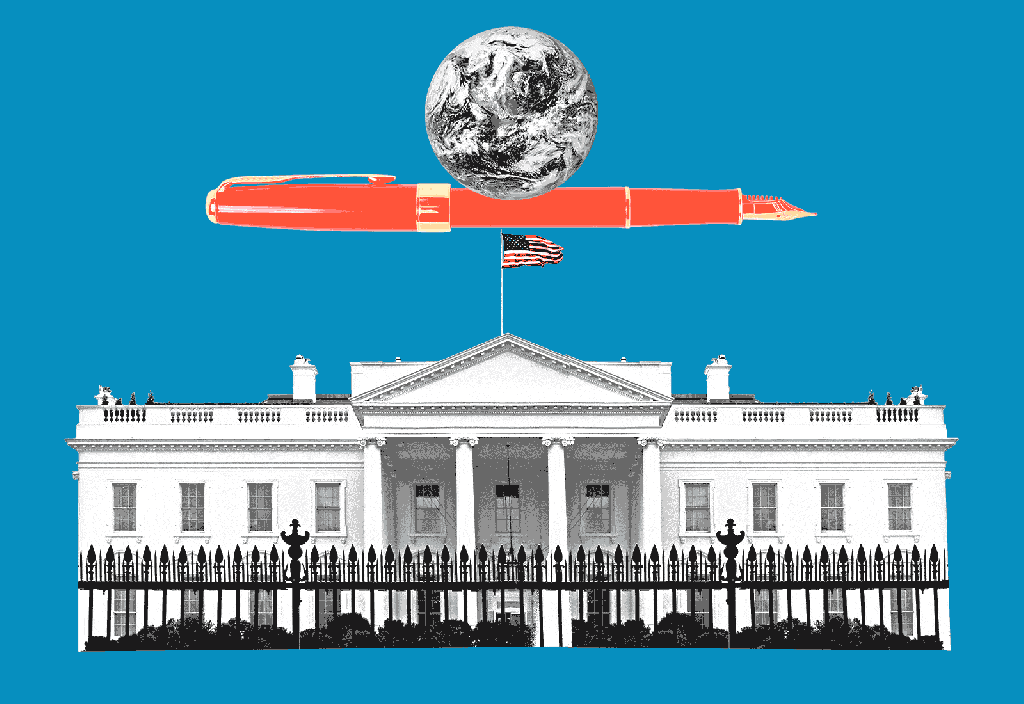 Animation: earth rolling back and forth on top of a pen balanced on the White House
