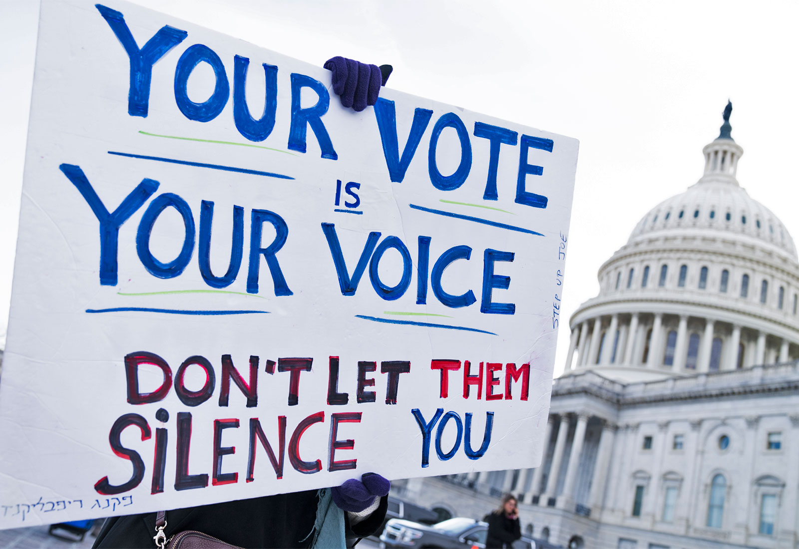 Protest sign that reads "your vote is your voice; don't let them silence you"