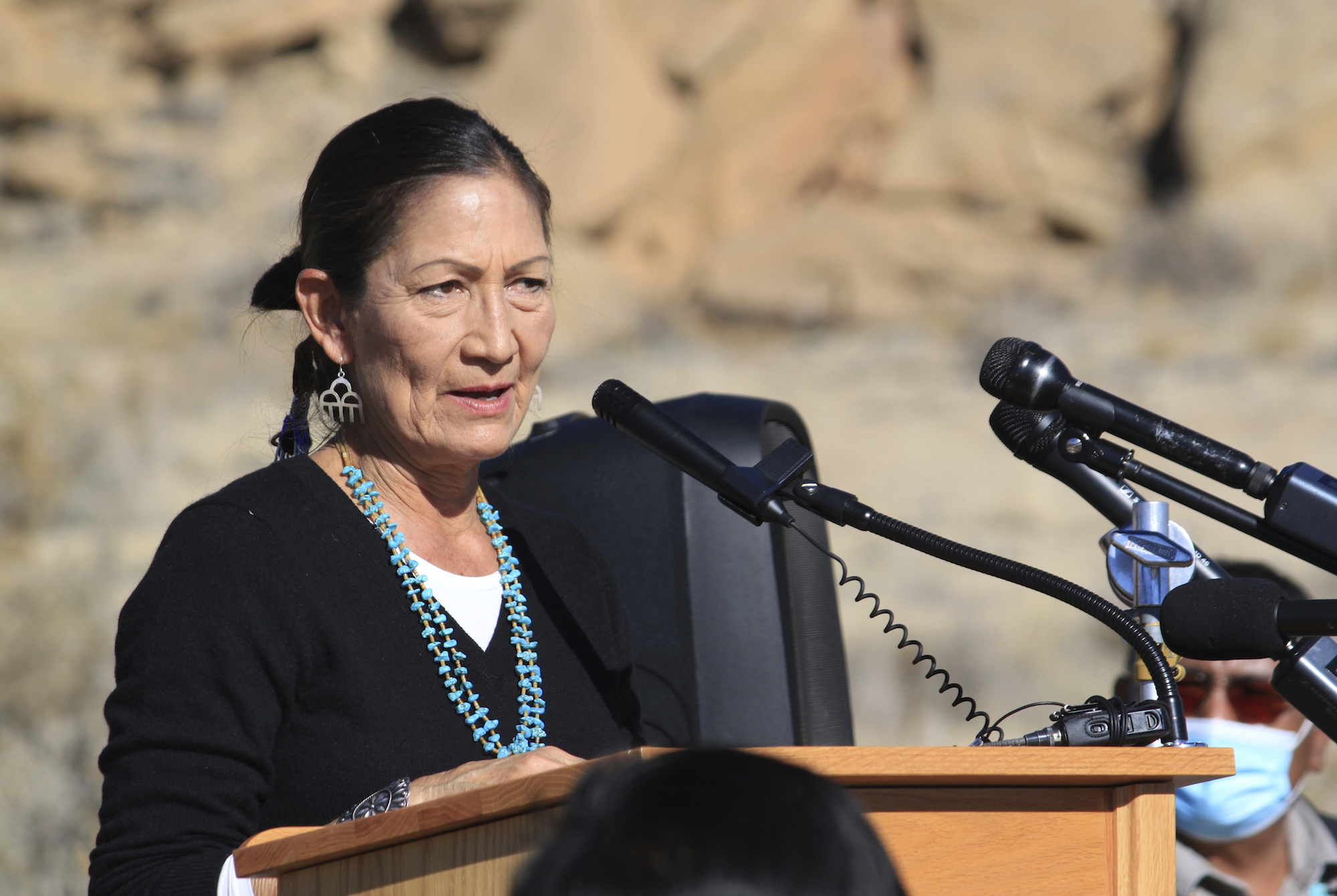 a woman with a blue necklace in front of a podium and a rock face behind her