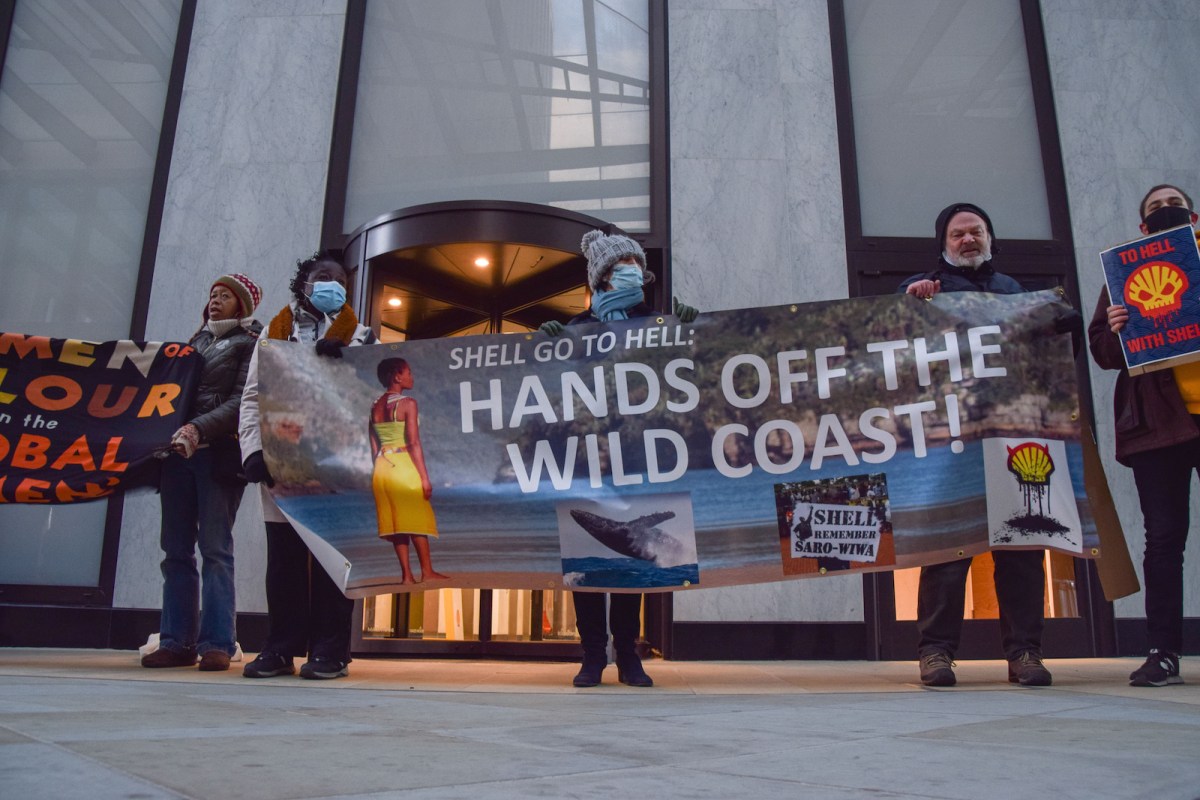 Activists in London hold a 'Hands Off The Wild Coast' banner during the demonstration