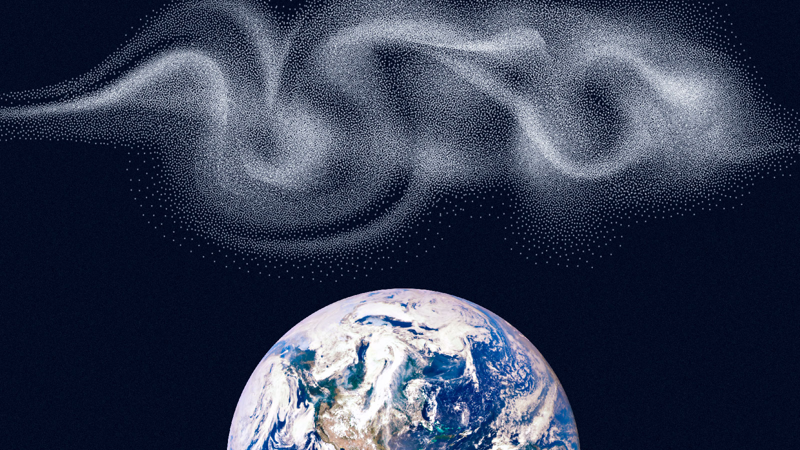 White particles in a swirling cloud above the earth on dark blue background