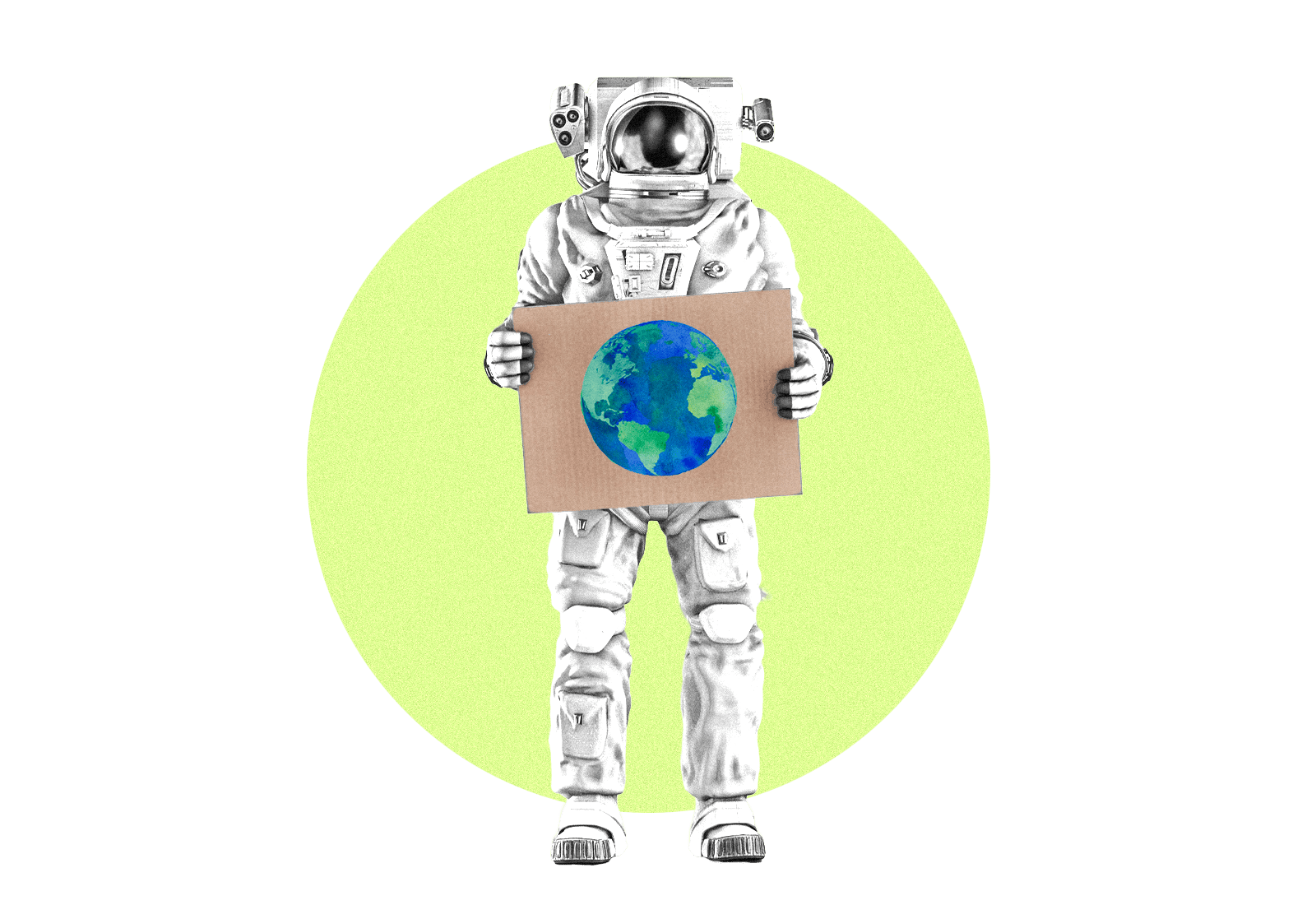 Astronaut holding cardboard sign with earth painted on it