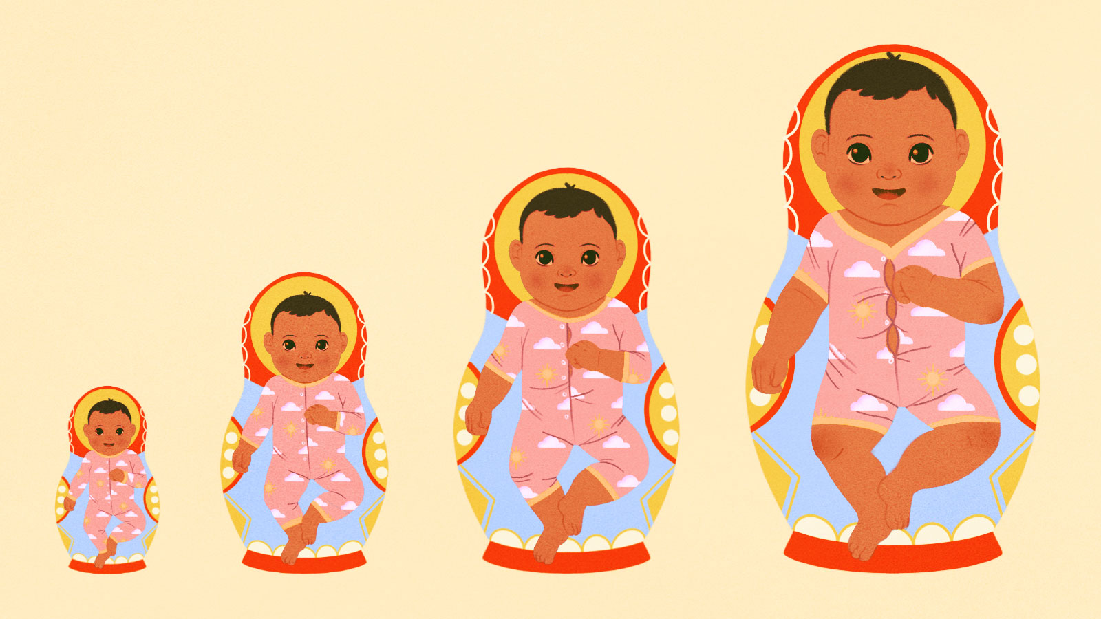 illustration of nesting dolls with babies painted on them wearing the same onesie that gets progressively smaller