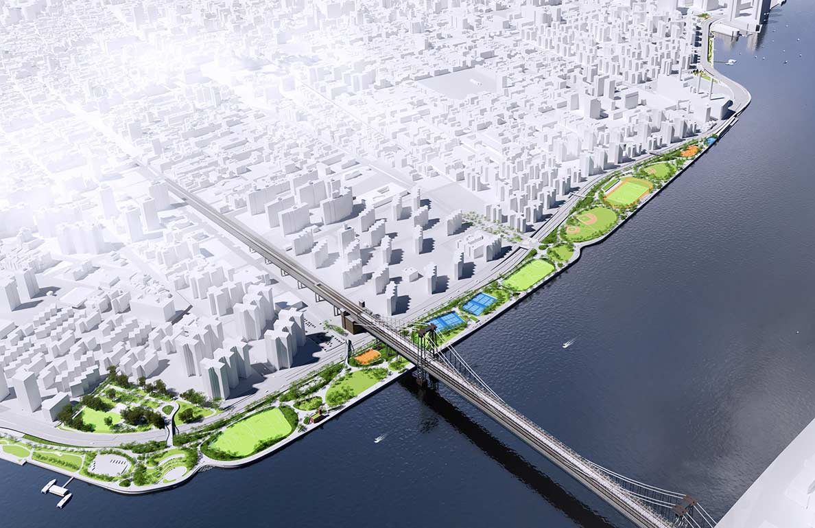 aerial render of proposed flood wall in East River Park in New York City