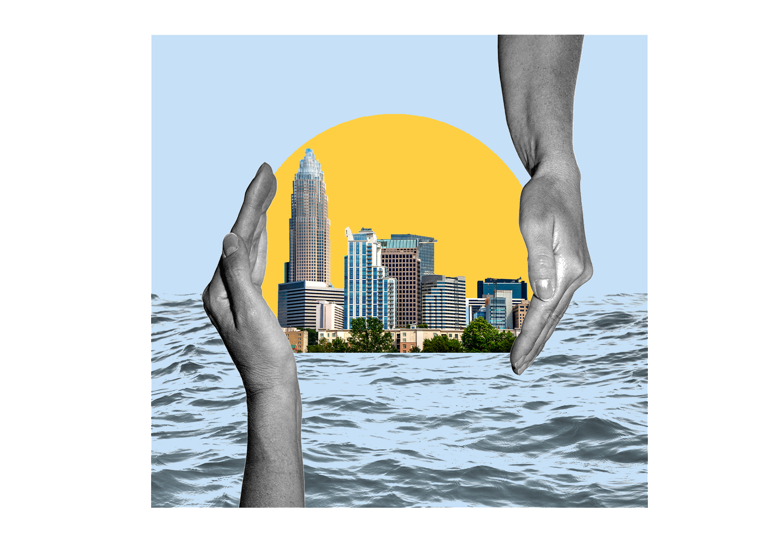 Hands protecting a city surrounded by water