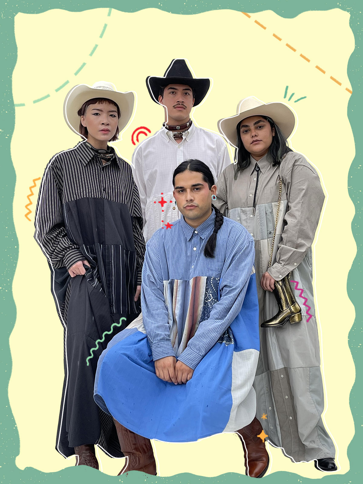 Four people wearing cowboy hats and long tunic shirts with drawn graphics around them
