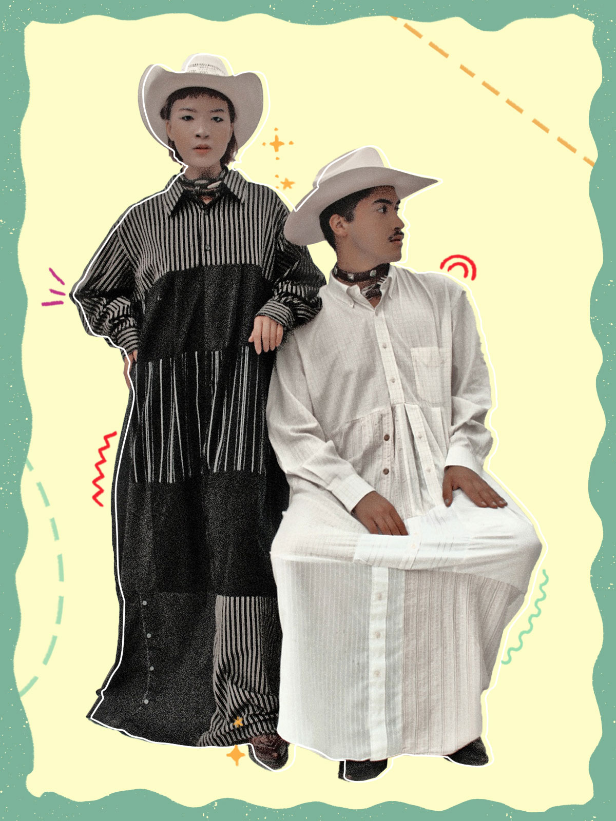 Two people wearing cowboy hats and long shirt tunics with drawn graphics around them