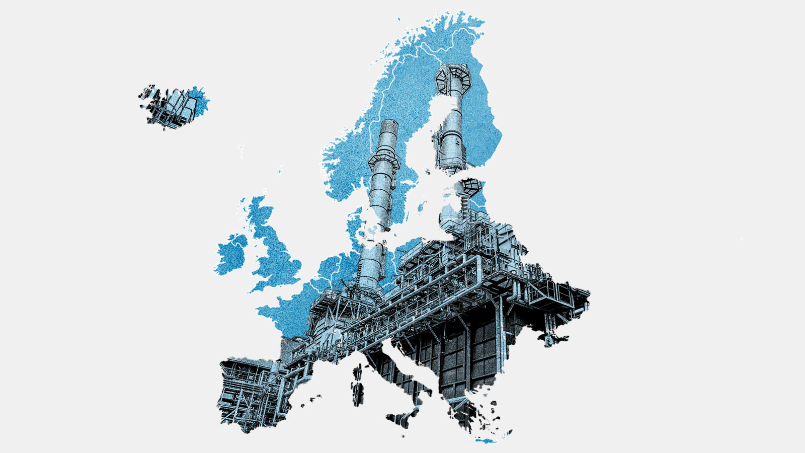Gas refinery inside a blue silhouette of European countries