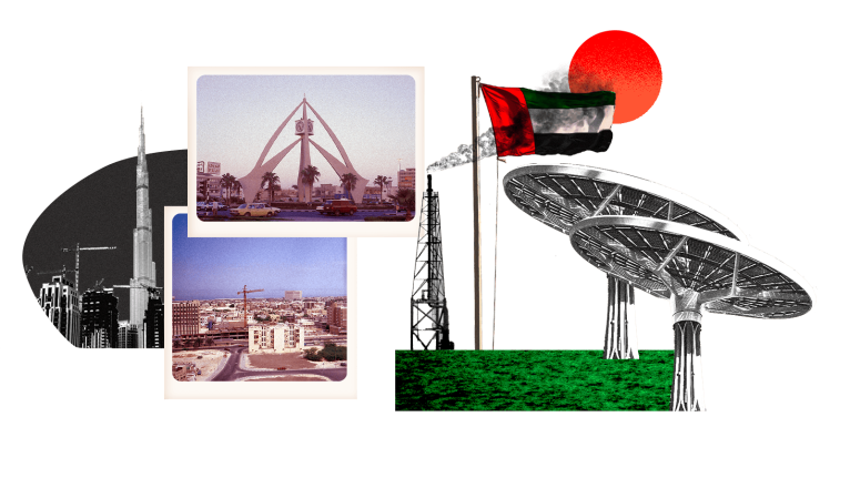 collage of places in United Arab Emirates, oil rig, solar panels