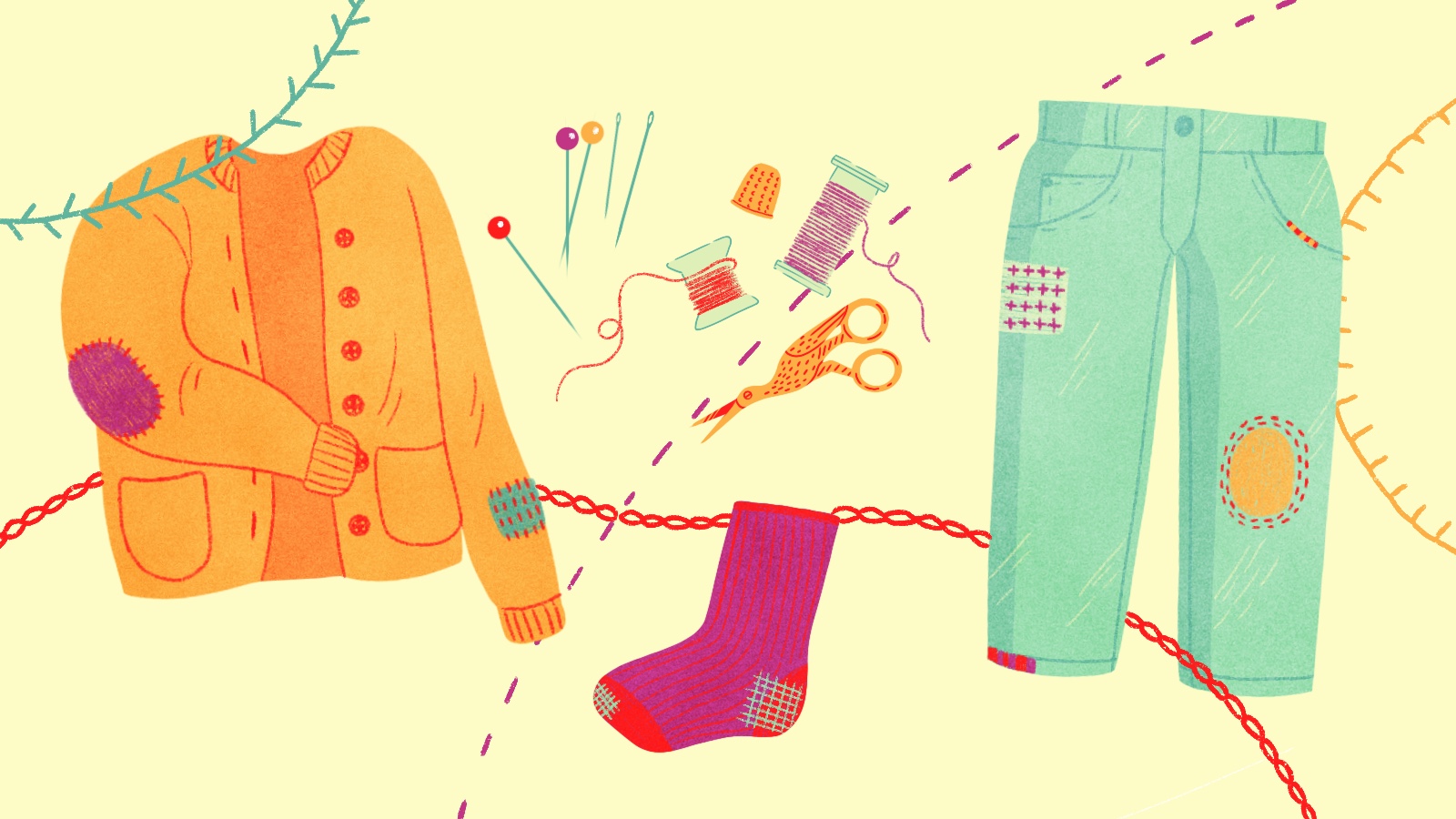 illustration of clothing with patches, thread, scissors, pins, and different stitches running across the image