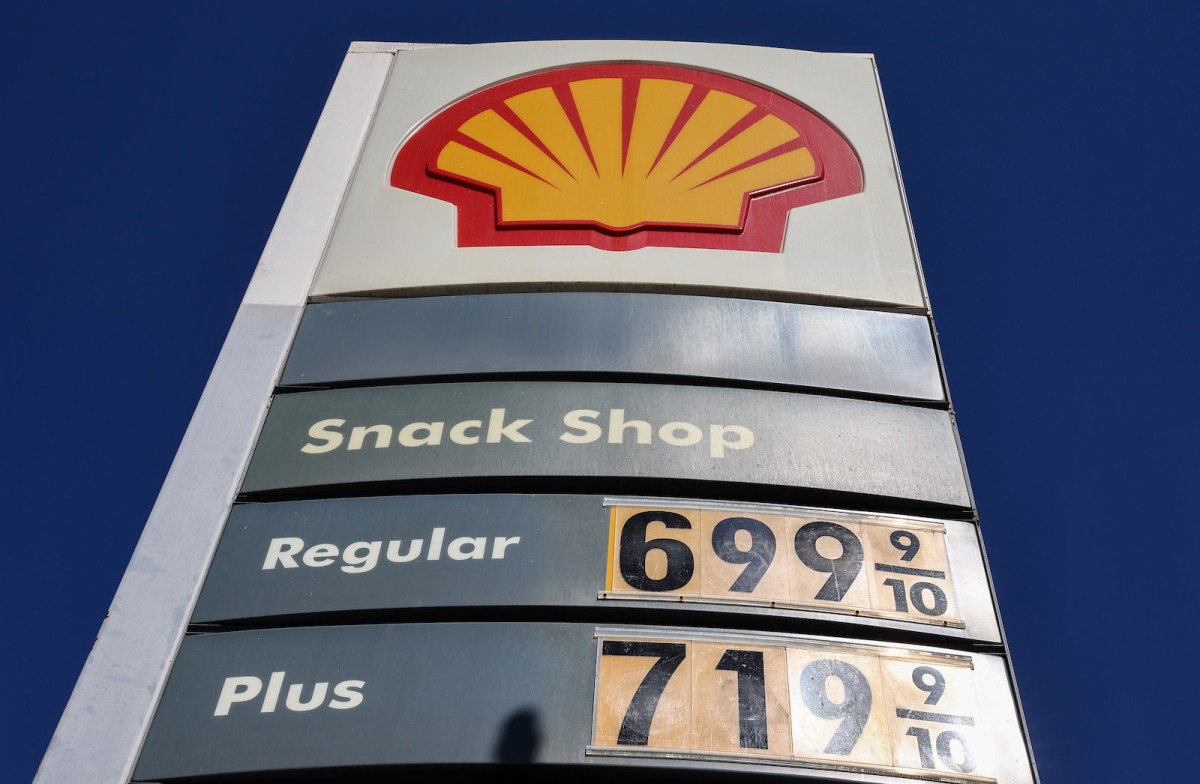 High gas prices are displayed at a Shell station on March 7, 2022 in Los Angeles, California.