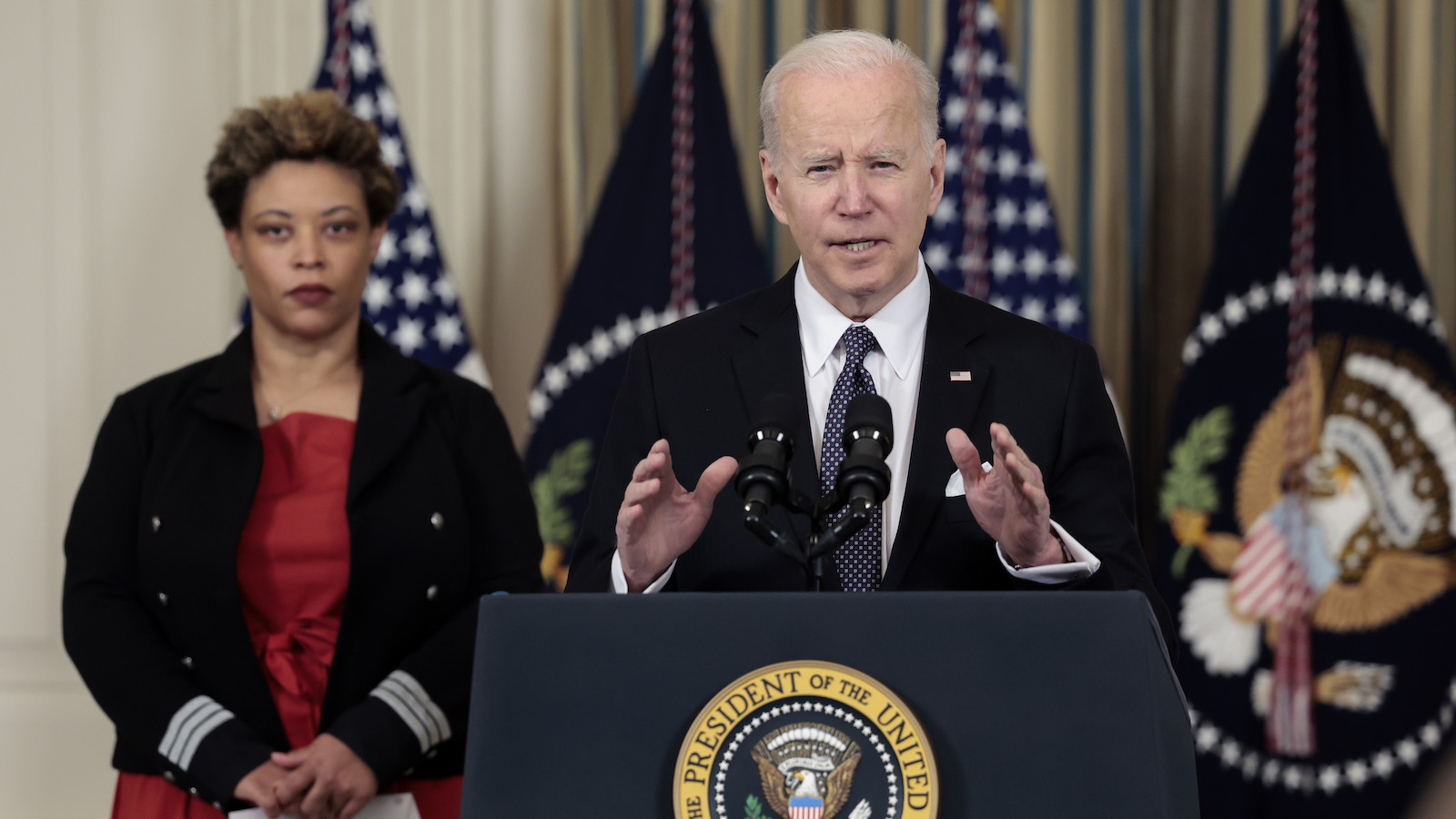 U.S. President Joe Biden speaks along side Director of the Office of Management and Budget Shalanda Young as he introduces his budget request for fiscal year 2023.