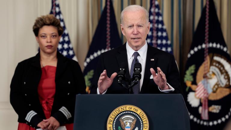 U.S. President Joe Biden speaks along side Director of the Office of Management and Budget Shalanda Young as he introduces his budget request for fiscal year 2023.